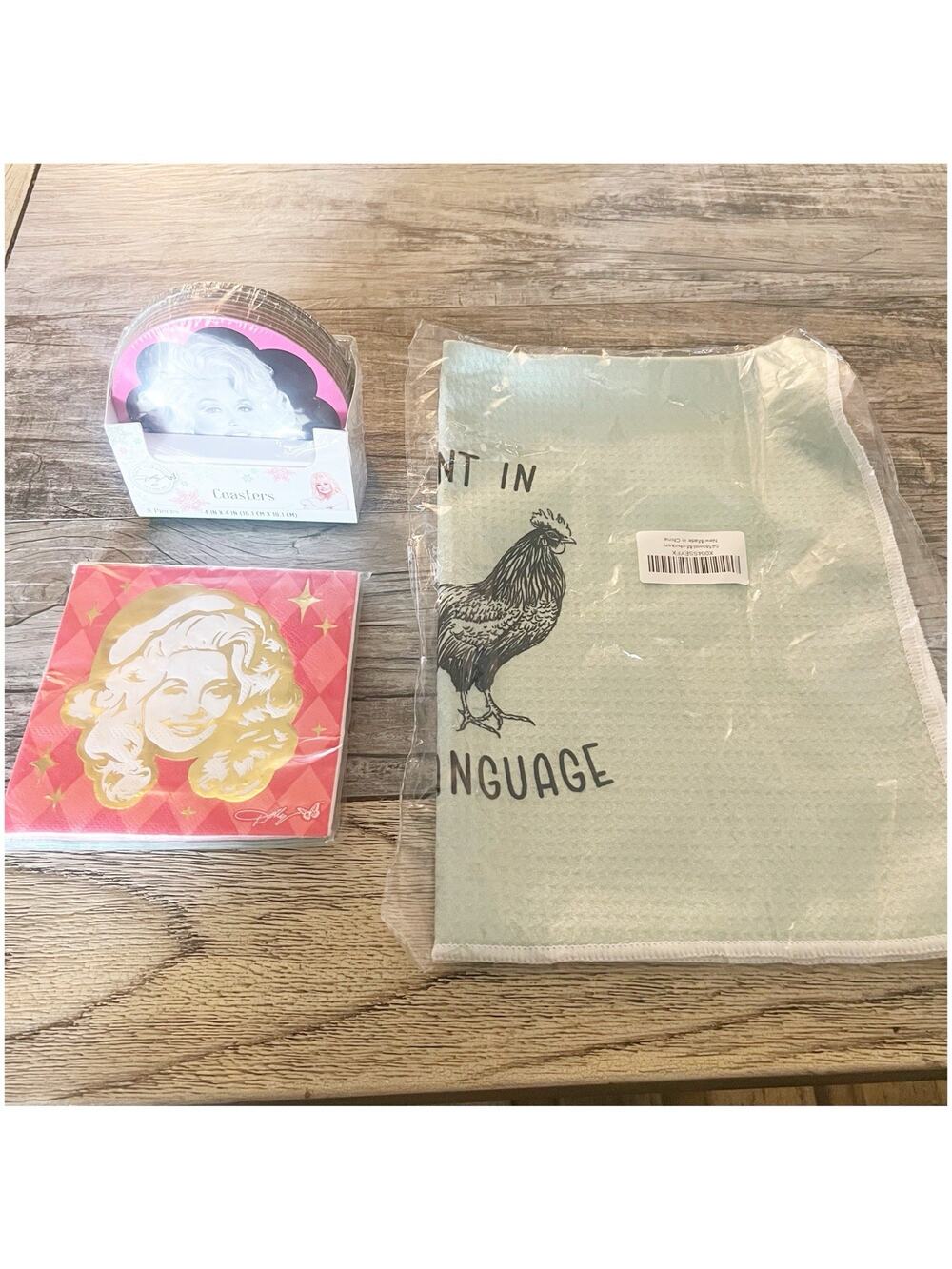 Dolly Parton Coasters , Napkins , Dish Towels Rooster Logo Bundle New